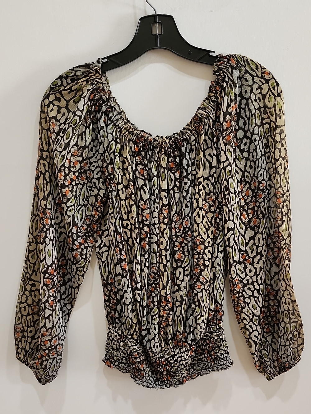 MICHAEL Michael Kors Sheer Smocked-Neck Animal Print Blouse - Black/Olive/Orange